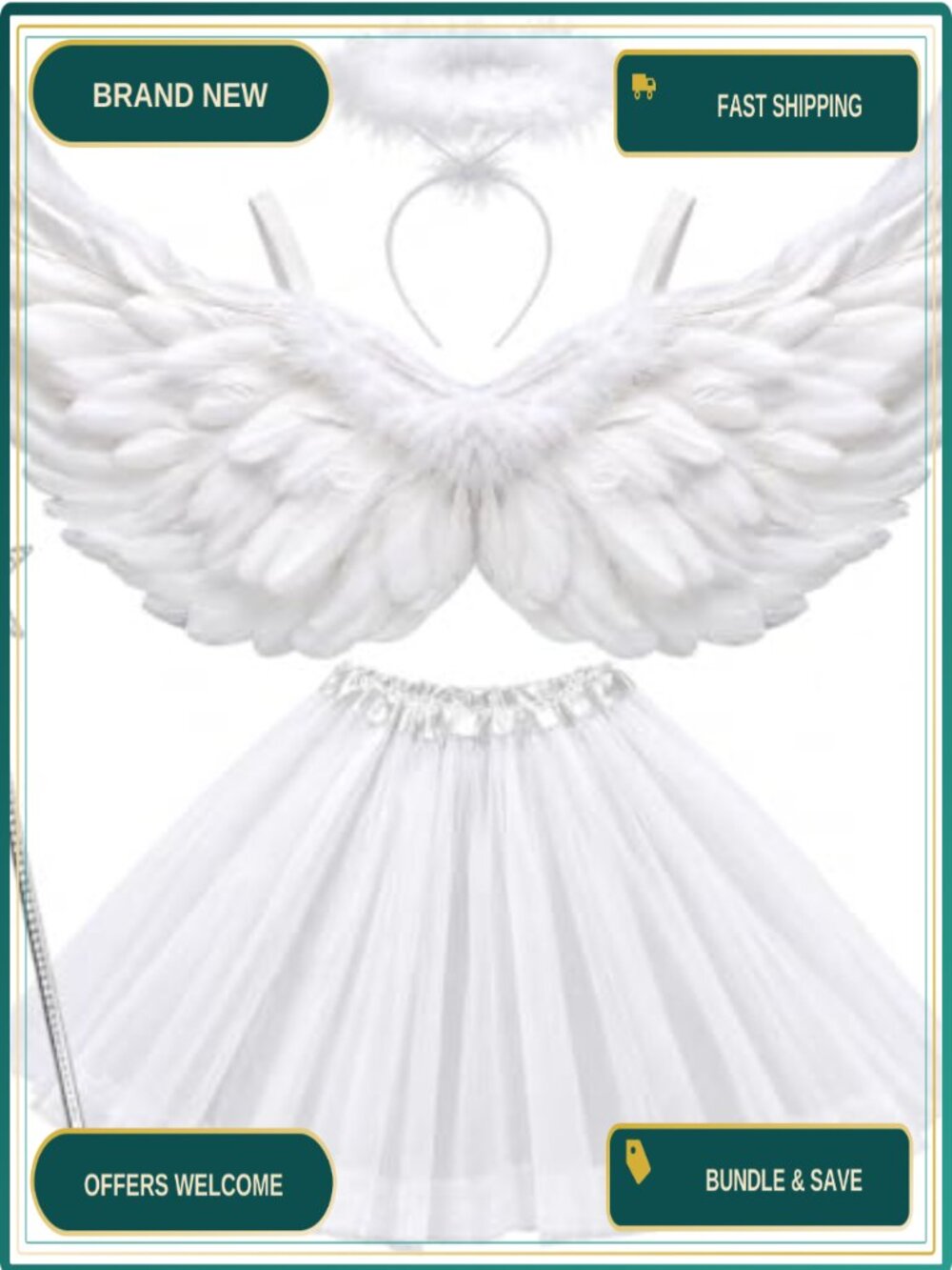 Kids Angel Wings Costume Set Feather Tutu Halo Wand Halloween Cosplay